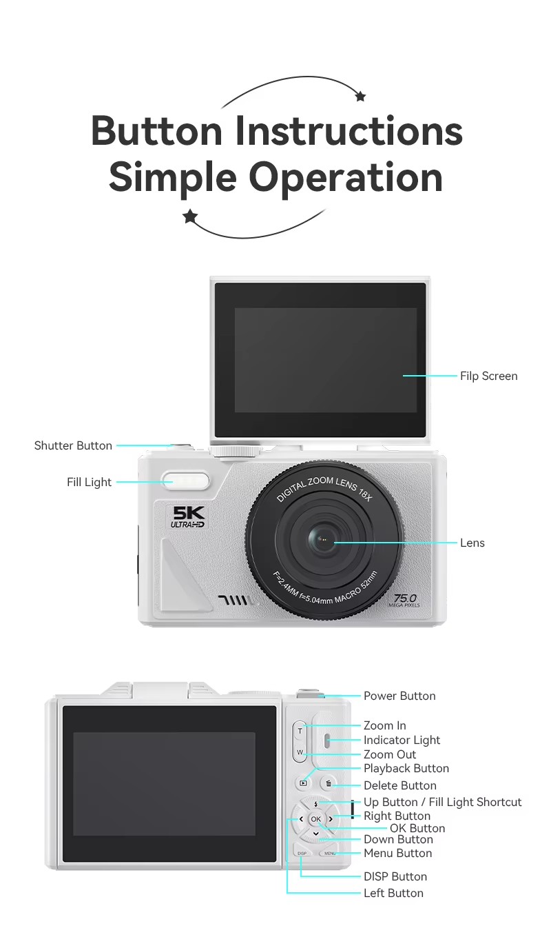 DLC W1 Vlogging Camera 5K 64MP Digital Camera with 180° Flip Screen 18X Zoom Slow Motion Time Lapse for Content Creators