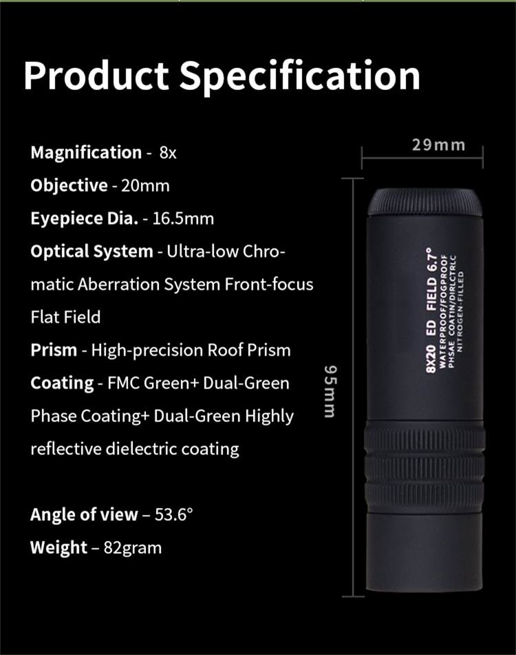сброса глаза стекла 8x20 ED телескоп длинного Monocular мини с мобильным переходником
