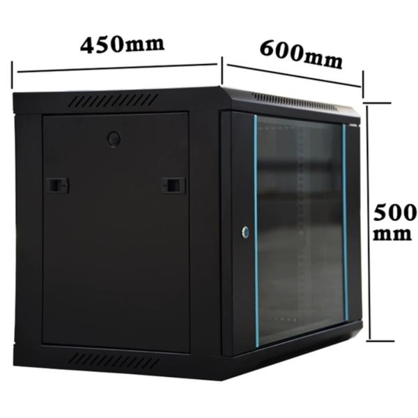 9U Wall Mounted Network Cabinet with Toughened Glass Door Depth 450mm RAL9005 Colour
