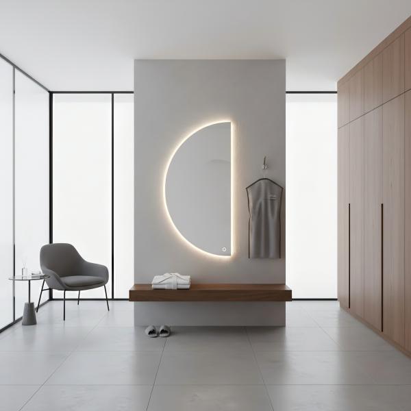 Kingstin Smart Half Moon LED Mirror Backlit Semicircle Wall Mirror Dimmable Touch Switch Makeup Mirror for Bathroom Decor