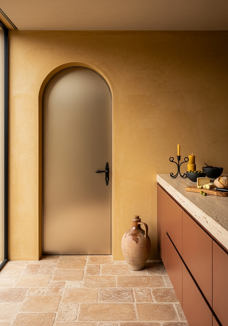 Arched Mediterranean Entry Door with Travertine Inlay - 304 Stainless Steel