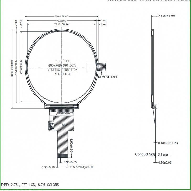 2.8-inch 480x480 IPS Full-View ST7701S MIPI Interface High-Brightness Circular LCD Display Module