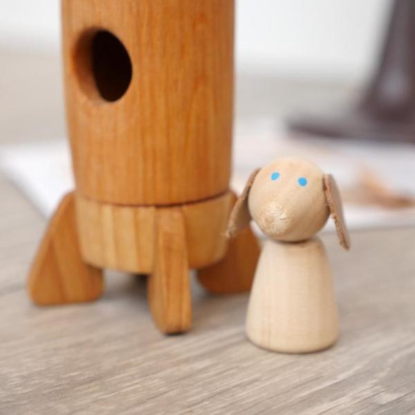 Multifunctional Wooden Rocket Toy , Wooden Activity Rocket With Astronaut Dog