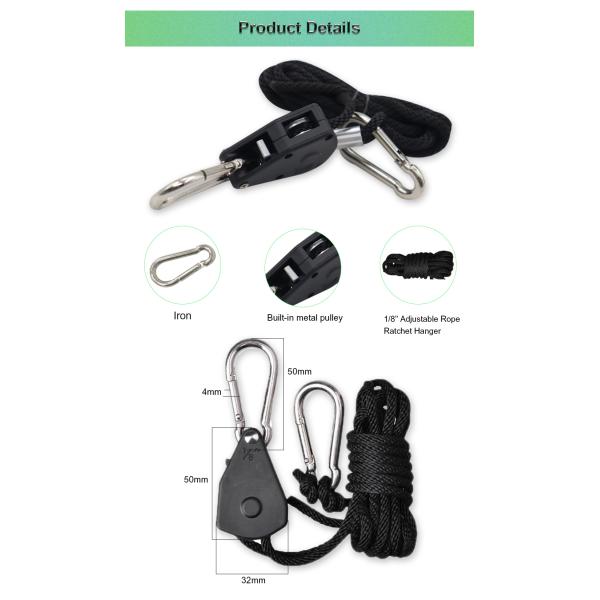Black Adjustable Grow Light Metal Rope Ratchet Pulley For Greenhouse Indoor Plant
