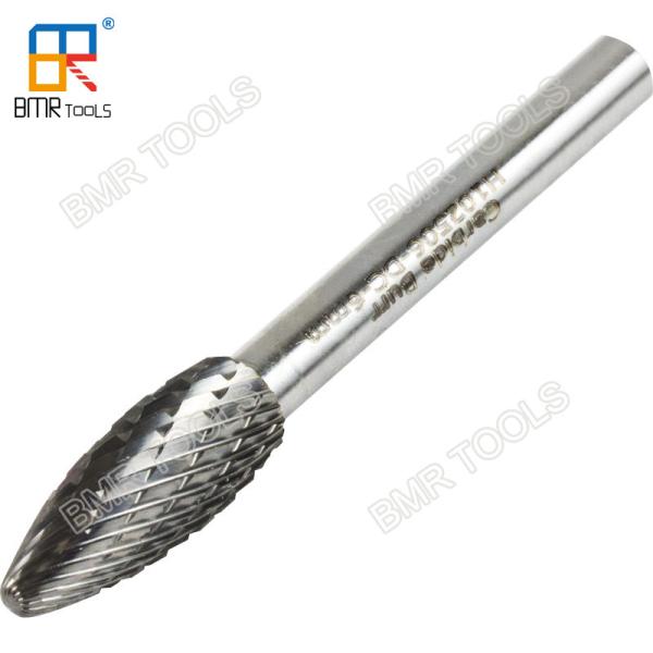 BMR TOOLS Dia 14mm Tungsten Solid Carbide Flame Shape Type H Rotary Burrs Double thread with 6mm Shank