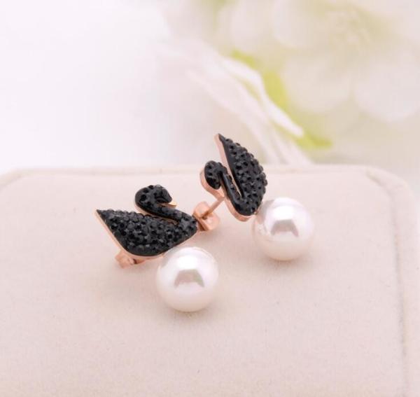 Elegant Pearl Drop Earrings for Women Jewelry, Black Diamond Swan Stud  Design Earring for Women