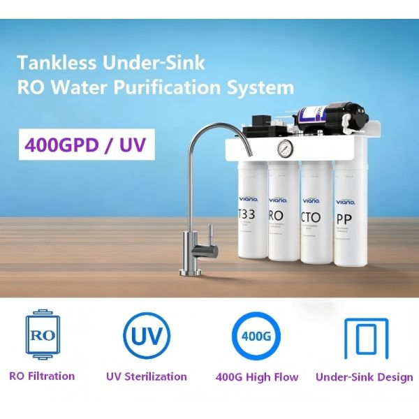 UV Tankless RO Water Filter, 400 GPD, 1.5:1 Low Waste, Quick-Change Cartridges, Under Sink Purifier