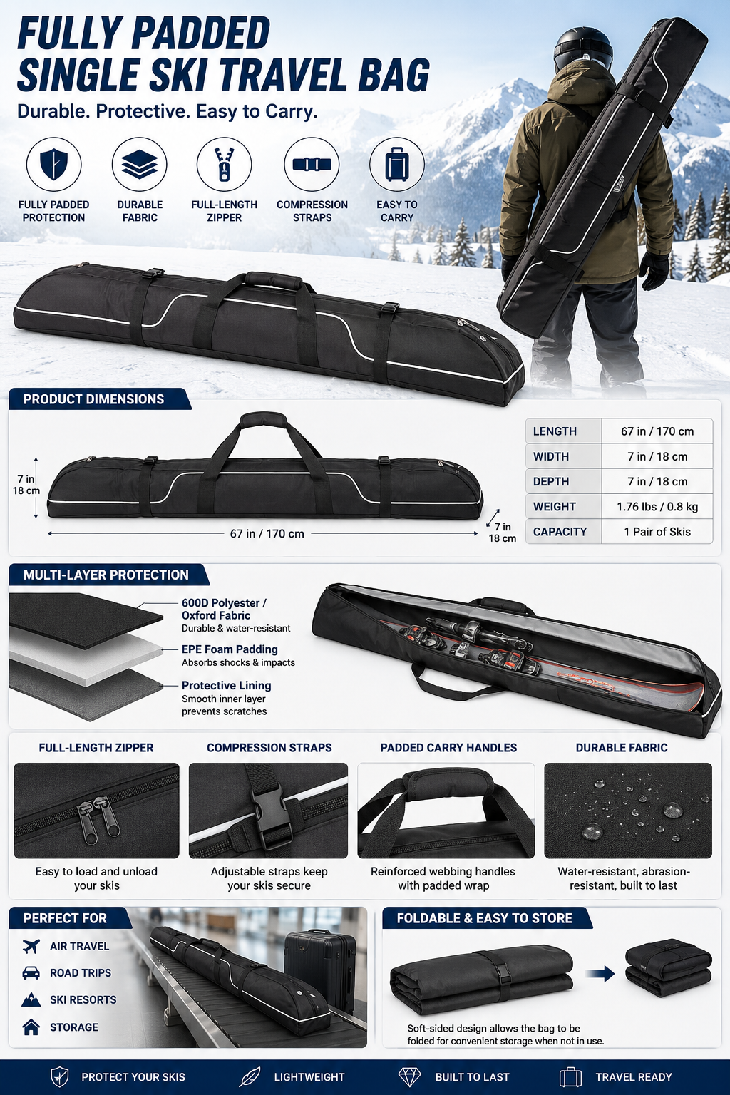 Fully Padded Single Ski Travel Bag, Durable Protective Ski Carrier for Air Travel, Transport, Storage & Winter Sports
