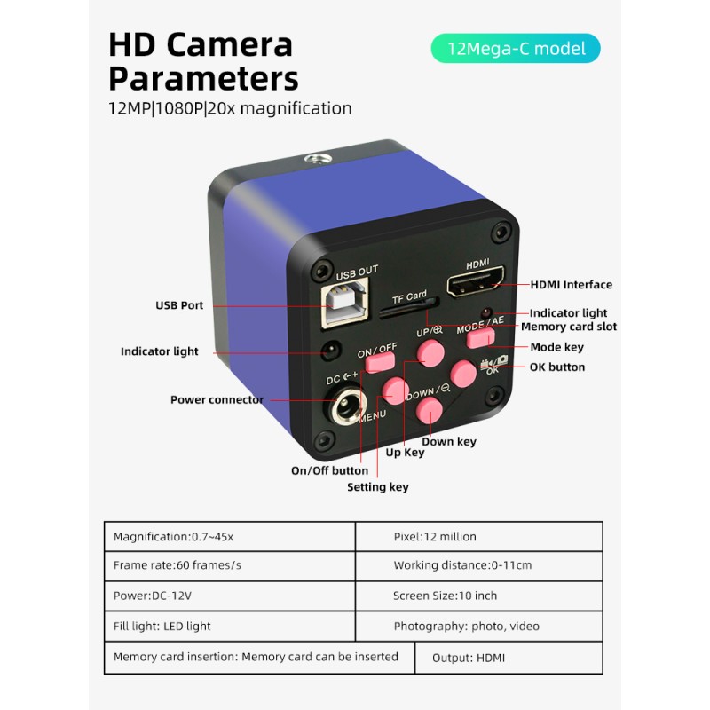 High Quality HD 1080P 20MP Electron Microscope Industrial Camera 20X Zoom 1/2.3 Inch USB 2.0 High Speed Measurement Camera