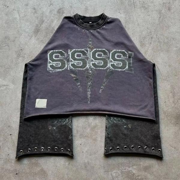 Vestidos de calle personalizados Hip Hop 100% de algodón crudo Camiseta cortada de metal Rivet Stone Wash Vintage camisetas de manga larga para hombres