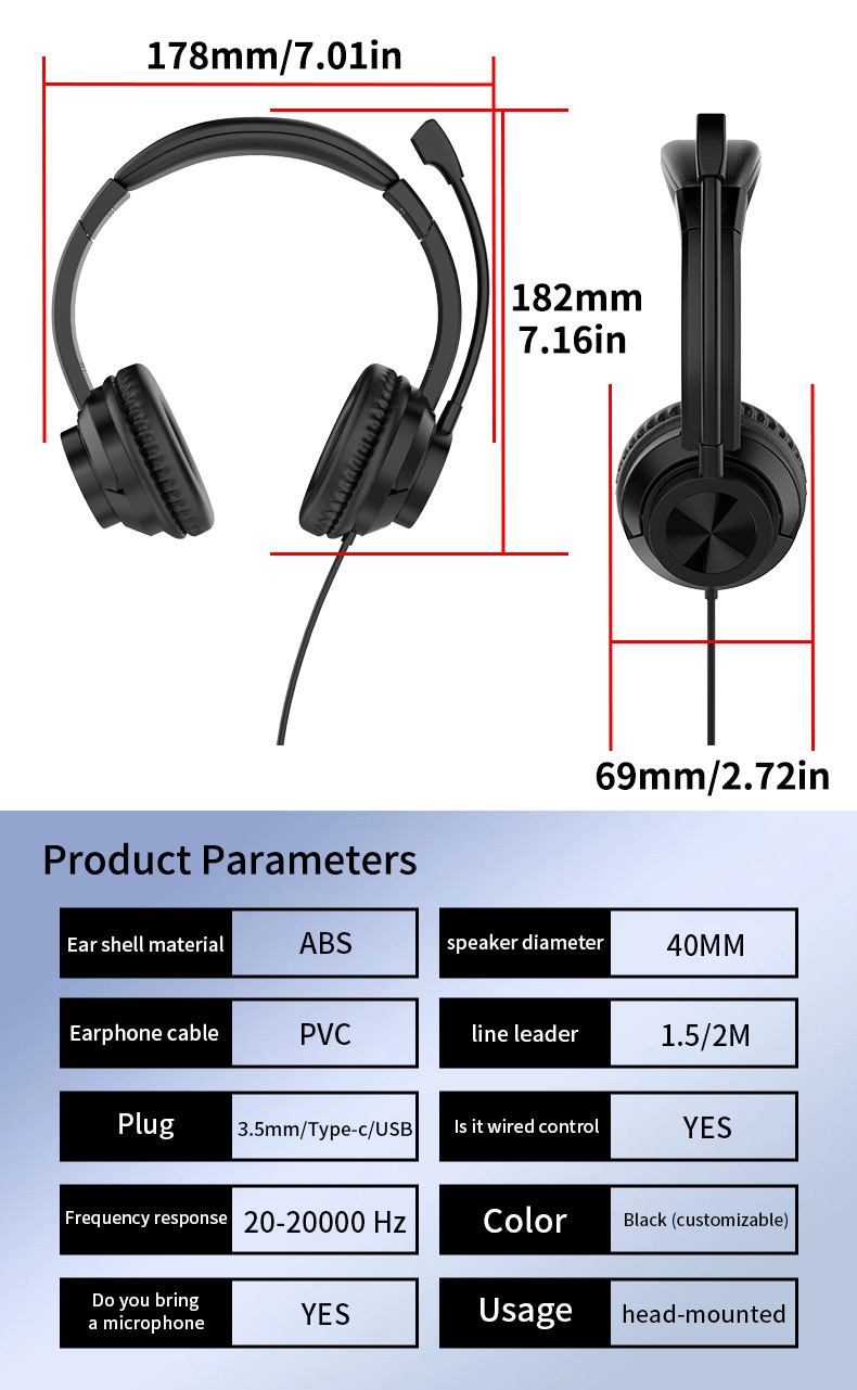 JTY-1036 Wired Call Center Headset with Adjustable Microphone, USB Type‑C 3.5mm Multi‑Interface Over‑Ear Headphone, Volume & Mute Control for Office Customer Service Online Class
