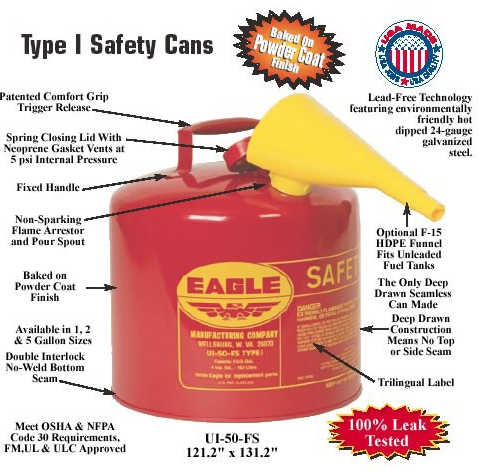 Industrial Gasoline Chemical Type I Safety Cans For Flammable Liquids