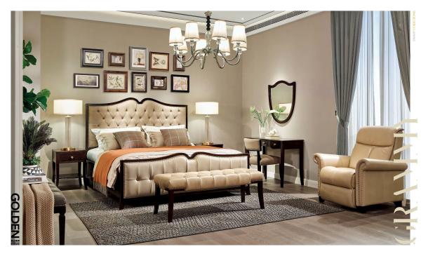 Leisure American style Bedroom furniture set of Leather Headboard bed with Solid wood dresser tables