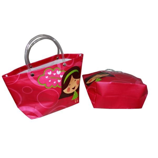 Reusable Orange PP Woven Shopping Bags With Transparent PVC Handle, Danceing Girls Pattern