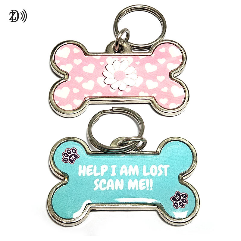 Waterproof Custom Printing 13.56MHz NTAG213 Keychain Lost Tracking Metal Edge Epoxy Pet ID Tag for Dog & Cat Identification