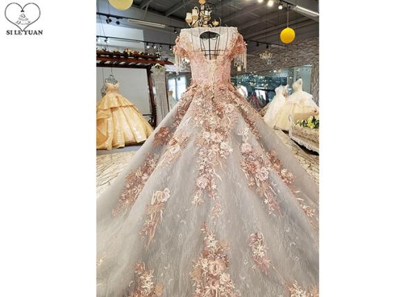 Long Tailor Made Prom Dresses Short Sleeve Dresses Pink Flowers Grey Beading