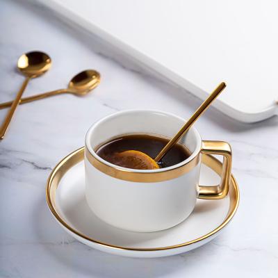 Porcelaine céramique blanche mate tasses de café et de thé soucoupes avec poignée en or 250 ml volume