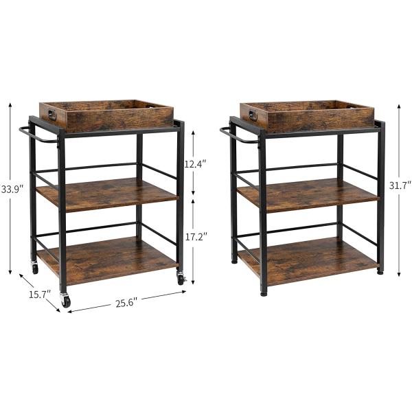 Food Serving Oak Wood Catering Modern Kitchen Cart Trolley 3 Tier Rustic Brown