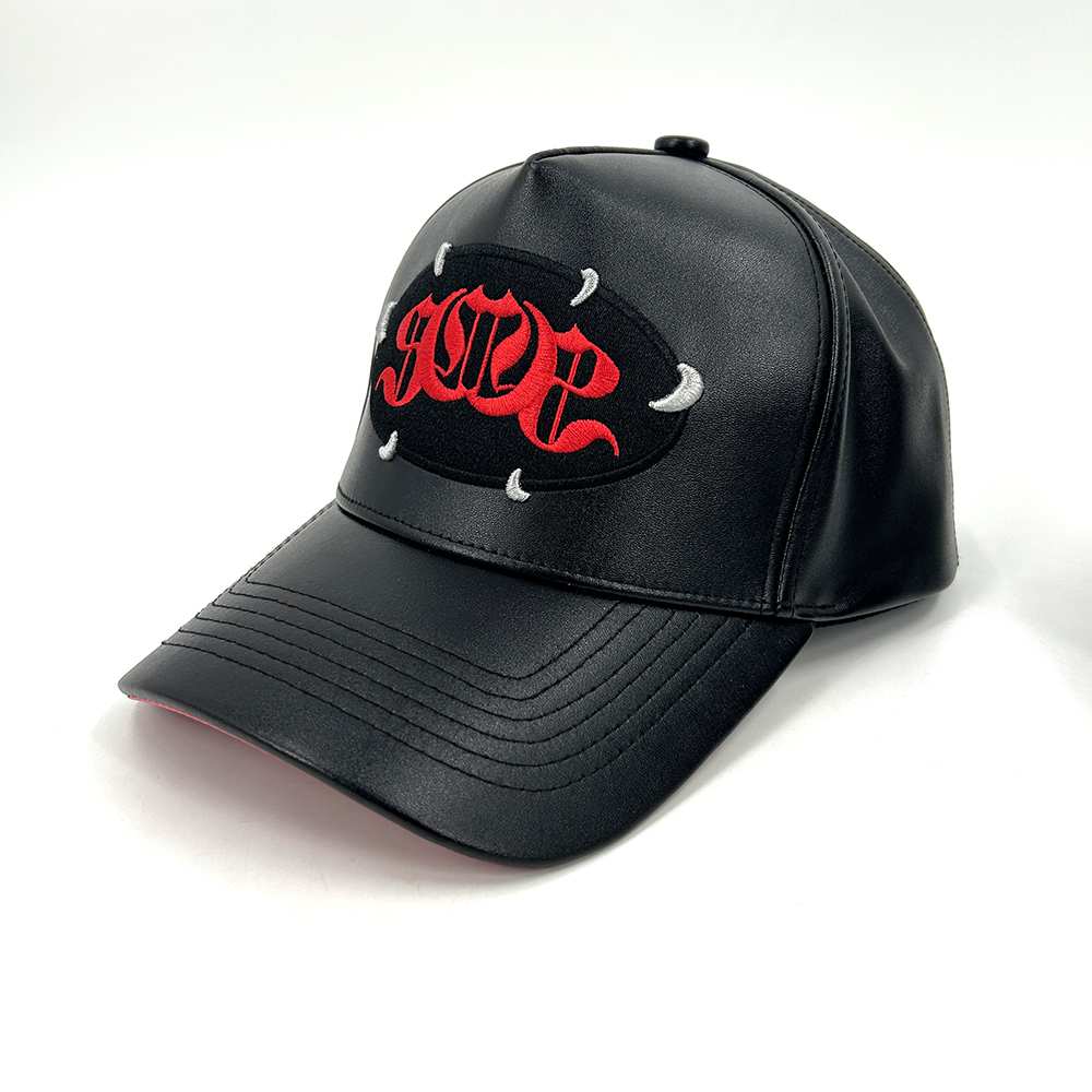 5 Panel PU Leather Custom Hats Baseball Cap Patch Logo Stitching Personalized