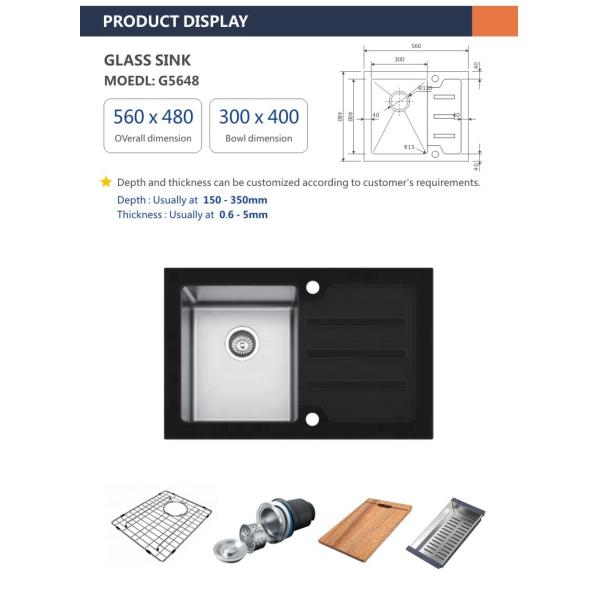 Glass 22 Inch Undermount Kitchen Sink Square Single Bowl 56x48