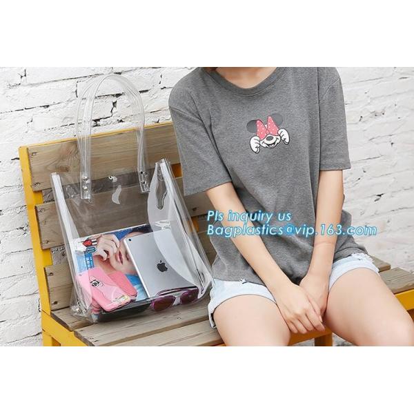 Tote Bags PVC Beach Lash Package Tote Shoulder Bag with Interior Pocket, Waterproof Semi-clear Tote Bags Stripe PVC Shou