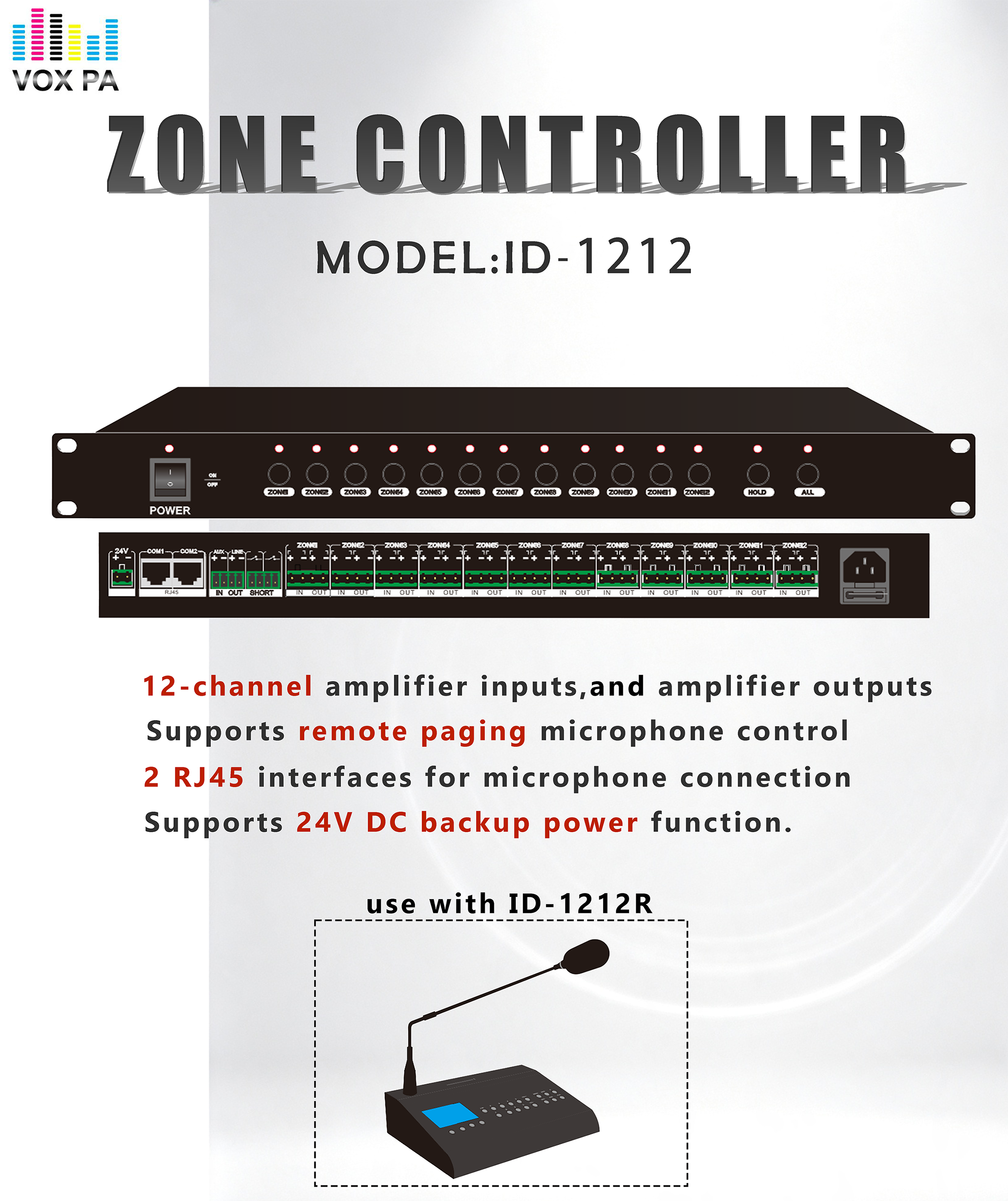 Zone Selector 12-channel Amplifier Inputs 12-channel Amplifier Outputs 2 RJ45 Interfaces PA System