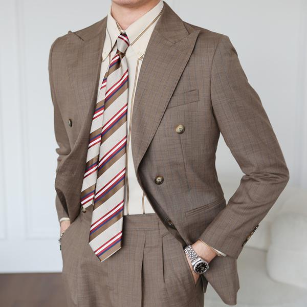 Italian Vintage Brown Suit Double Breasted Striped Jacket for Men's Professional Look