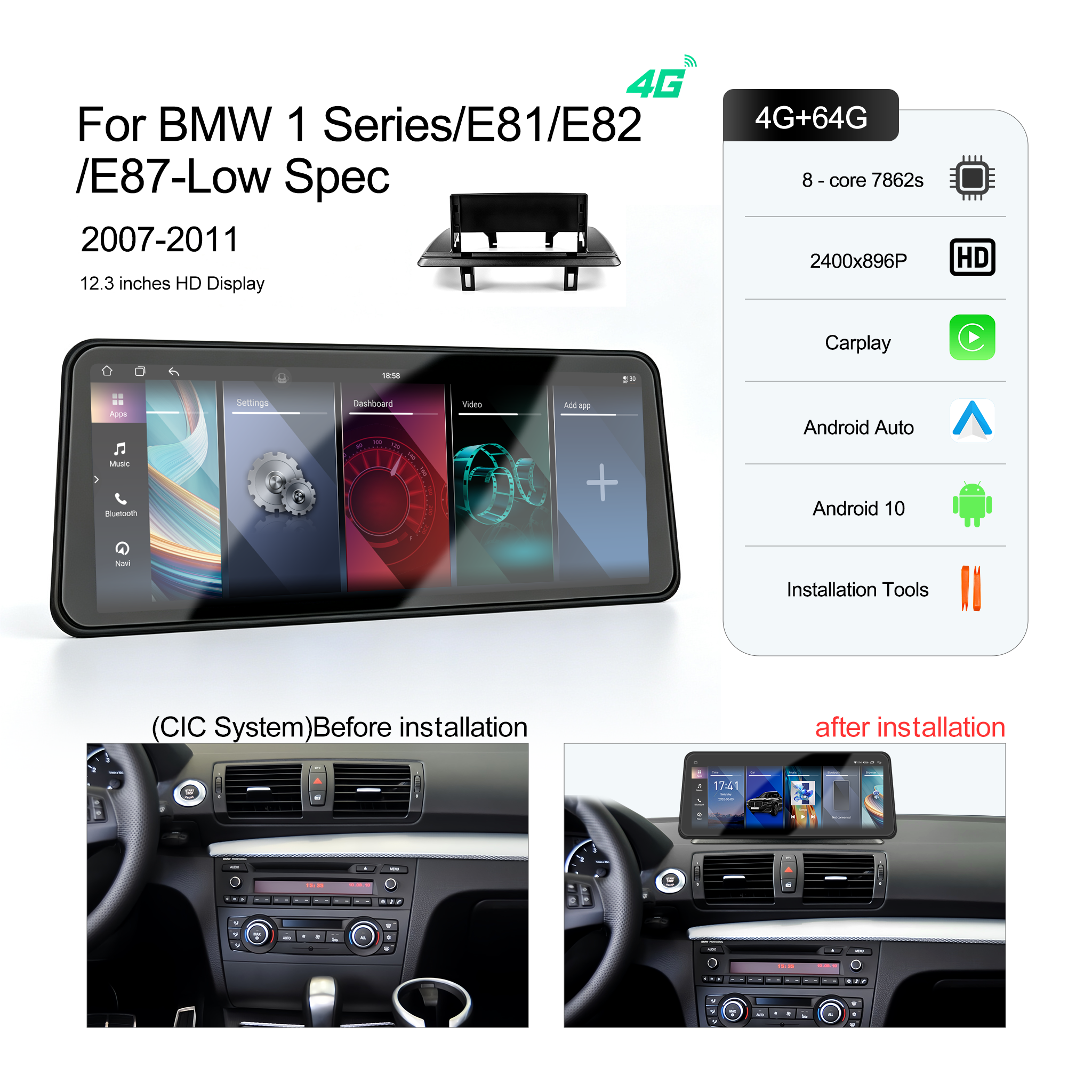 12.3inch  Car  Screen for BMW1 Series/E81/E82/E87-Low Spec 2007-2011 Sold As a Complete Set Including Frame Cable Canbus