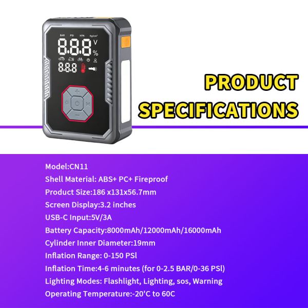 2400A Peak Current 150PSI Air Compressor 6-in-1 Multi Function Jump Starter for Cars Trucks Motorcycles