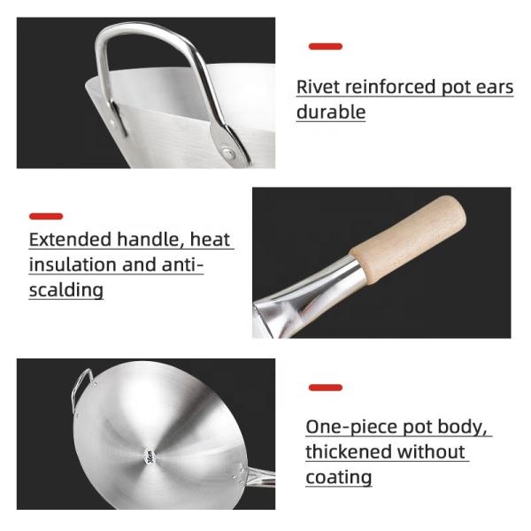 Restaurant Hotel Steel Kitchen Wok Pan With Wooden Handle  Stainless Steel 201 Wok