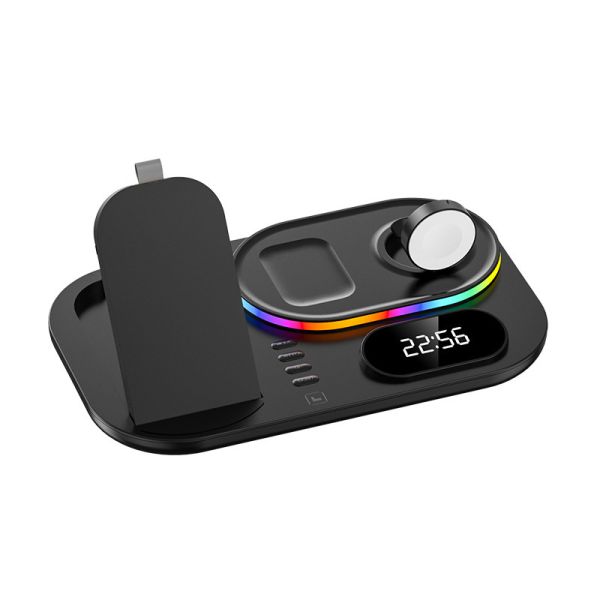 Foldable RGB Alarm Clock Wireless Charger Stand 4-in-1 Magnetic Charging Station LED Light Fast Wireless Charging Dock