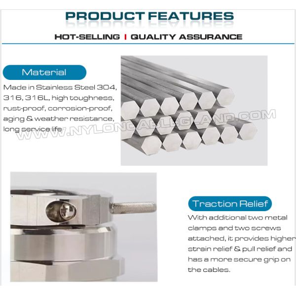 Stainless Steel Traction Relief Metric Cable Gland M16 (5-10mm) with FKM/FPM Seals & O-Rings for Portable Equipment