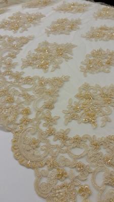 French Stretch Beige Pearl Beaded Wedding Lace Fabric With Scalloped Edge