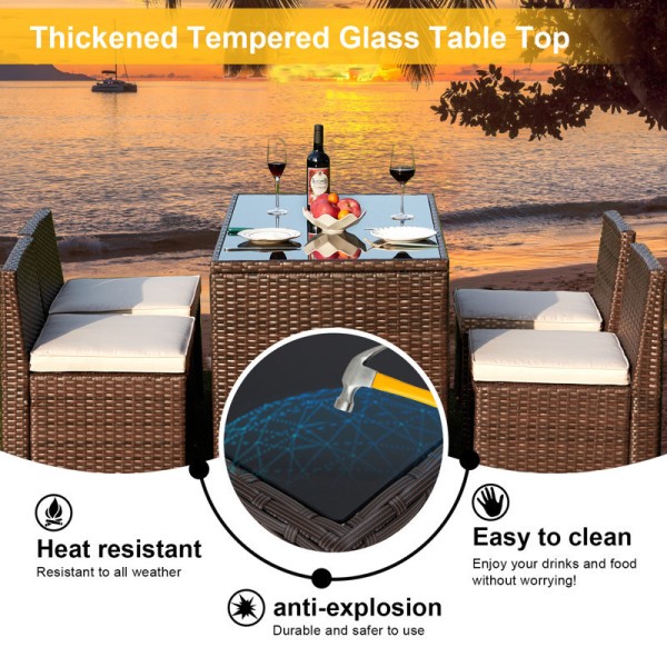 Commercial Outdoor Dining Set with Powder-Coated Aluminum Frame Handwoven PE Rattan and Tempered Glass Tabletop