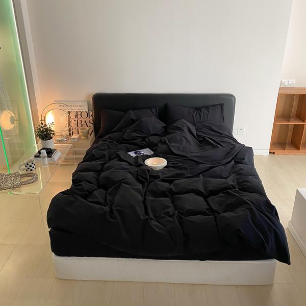 1.2m 4 feet King-Size Bedding Set in Solid Black Washed Cotton with Matching Curtains