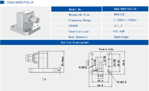 7.5GHz~18GHz WRD650 To SMA Male Right Angle Waveguide To Coax Adapter SMA/WRD750-JF
