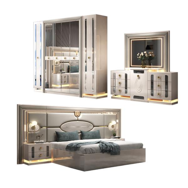 Moderne cadre en bois de luxe lit double king size ensemble villa maison chambre principale reine cuir en bois Mdf ensemble de chambre à coucher