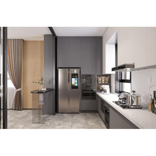 Gray And Off-White Stainless Steel Kitchen Cabinet With Double Wine Cabinet