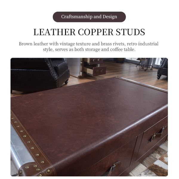 Nidea #8611 Red Wine  Bar Coffee Table Personalized Hotel Reception Room Industrial Style Double Drawer Retro Aluminum Leather Rivets