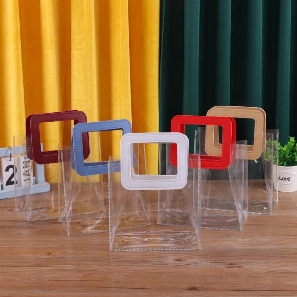 Leather Handle Reusable Handbag Transparent PVC Plastic Gift Wrap Tote Bag for BEACH BAG