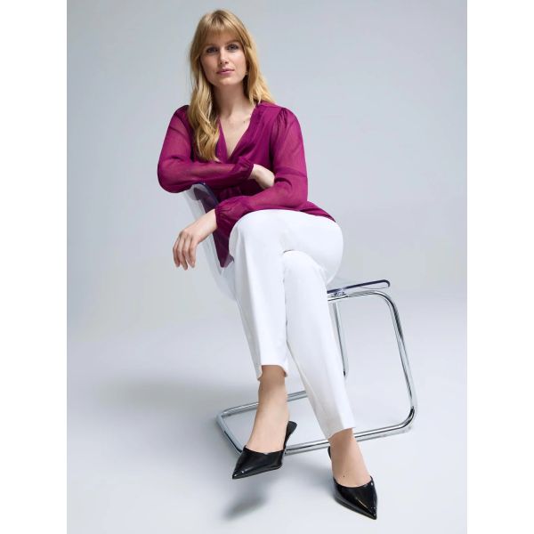 Elegant V-Neck Blouse with Sheer Chiffon Sleeves & Metal Bar Accent (Olive Green / Magenta / Leopard Print)