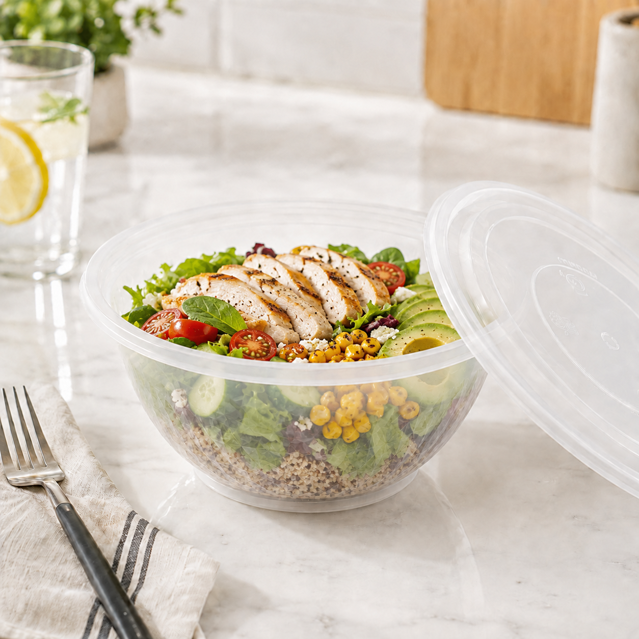 1050ml Wide Round PP Disposable Prepared Meals Salad Bowl To Go Container