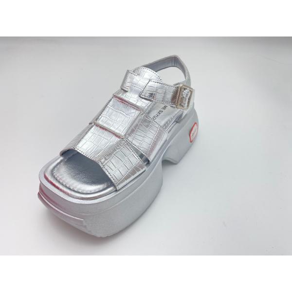 Women summer silver thick soled sandals with metal button genuine leather comfort
