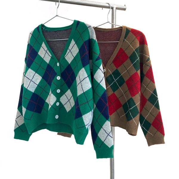 V - дизайн тартана кнопки шеи Bespoke свитеры подрезал длинным свитер связанный рукавом
