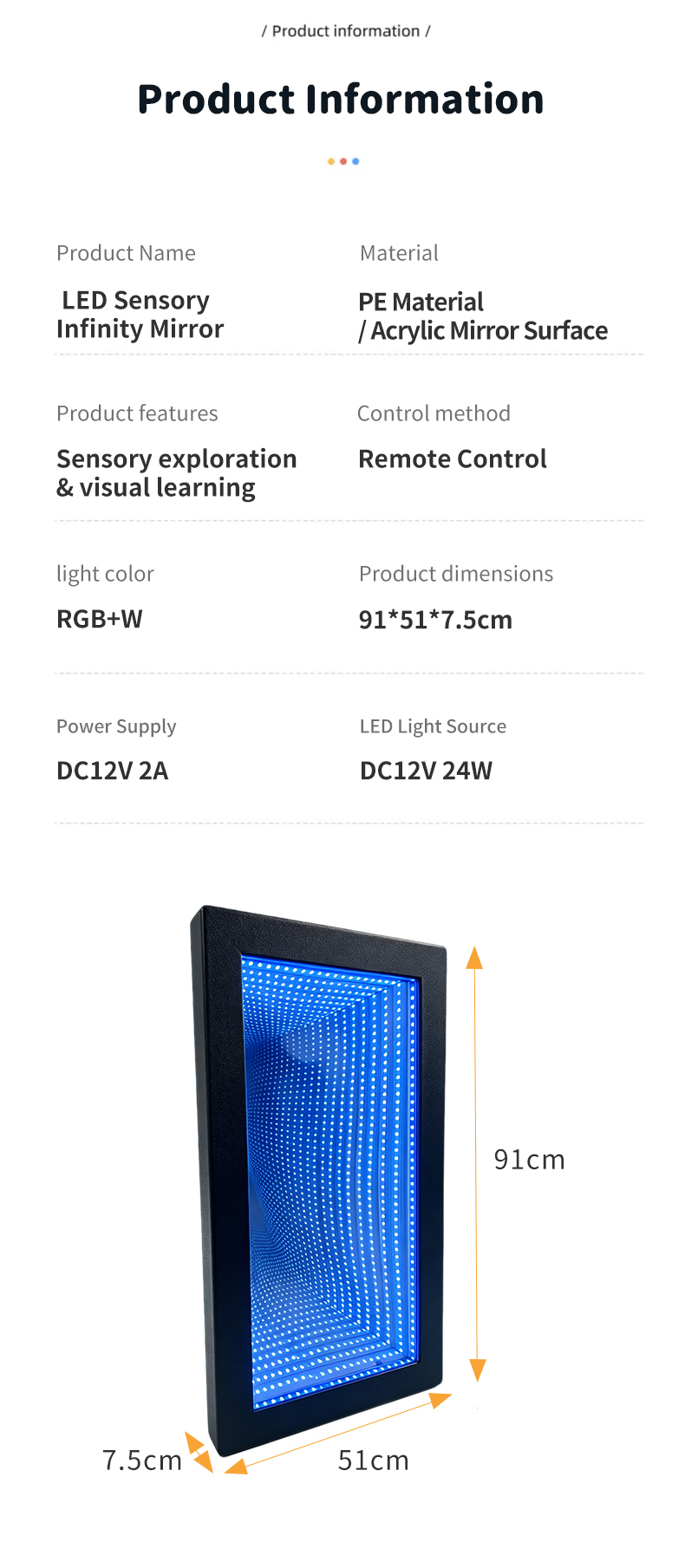 LED Sensory Lighting Mirror with Infinite 3D Tunnel Effect for Special Education Rooms and IP65 Waterproof Rating