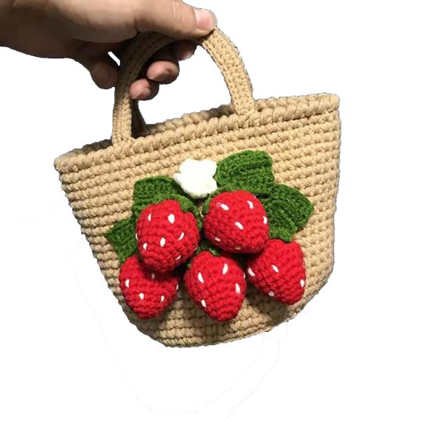 Brown Wool Hand Woven Bags 3D Strawberry For Girls 13cm×14cm