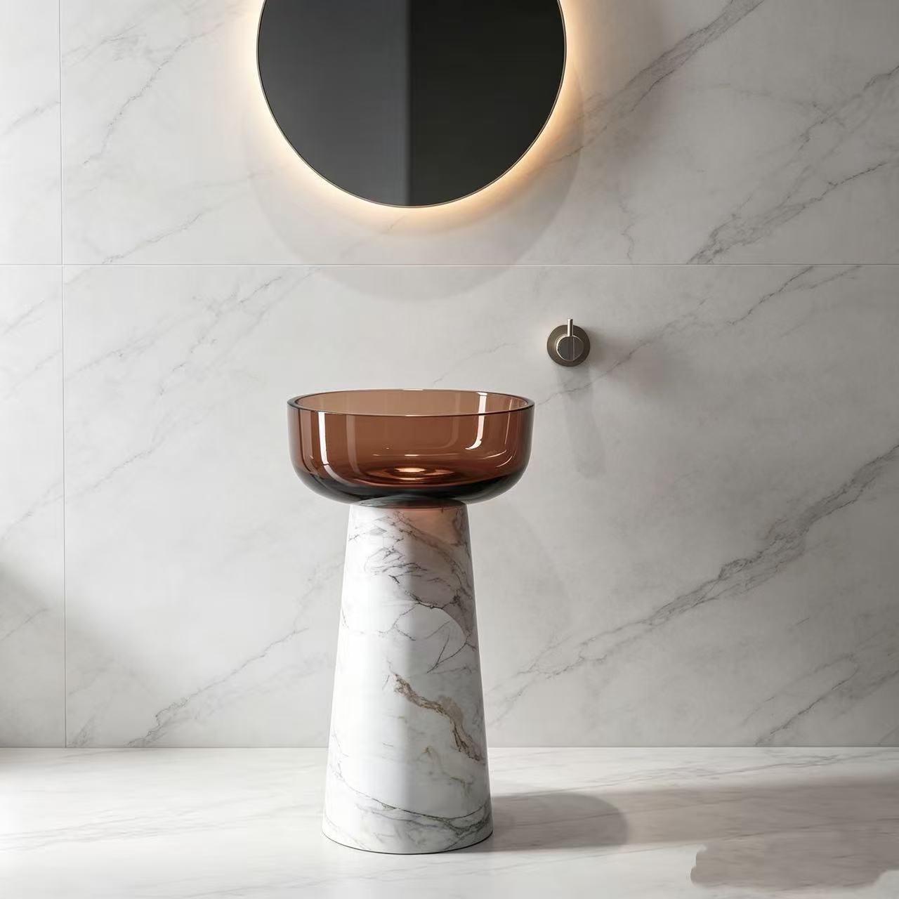 450mm Artificial Stone Marble Pedestal Sink Basin Shallow Translucent Amber Resin Bowl