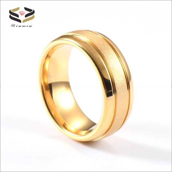 Mens 18K Gold Tungsten Wedding Band Ring 8mm Sandblasted Center Two Grooved Polished Dome Edges