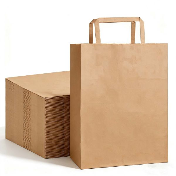 Eco friendly recyclable kraft paper flat handle bag designed for grocery shopping food takeaway and sustainable packaging