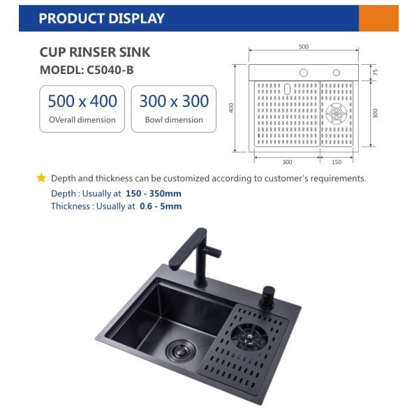Black PCD Cup Rinser Sink Stainless Steel Handmade 16 Gauge Single Bowl 50x40